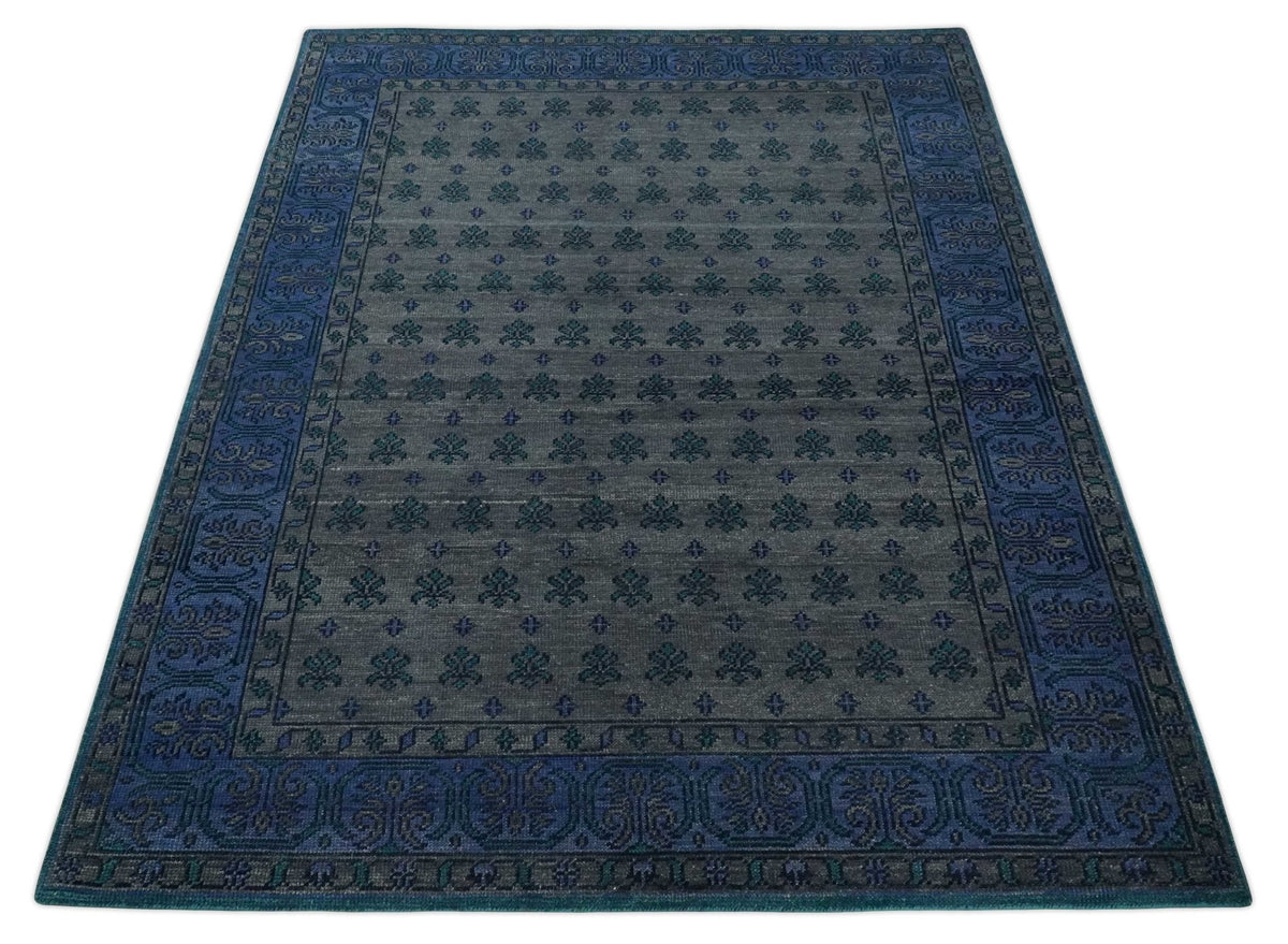 Gray and Blue Traditional Hand Knotted Antique Style low Pile Custom Made Wool Area Rug.