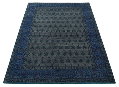 Gray and Blue Traditional Hand Knotted Antique Style low Pile Custom Made Wool Area Rug.