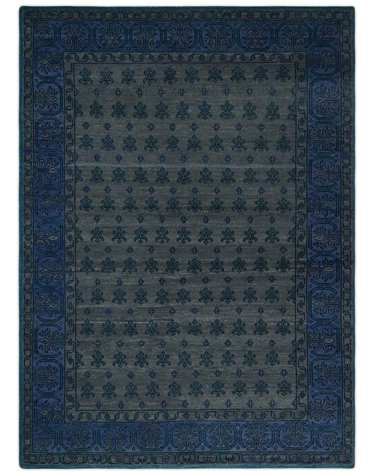 Gray and Blue Traditional Hand Knotted Antique Style low Pile Custom Made Wool Area Rug.