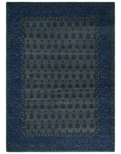 Gray and Blue Traditional Hand Knotted Antique Style low Pile Custom Made Wool Area Rug.
