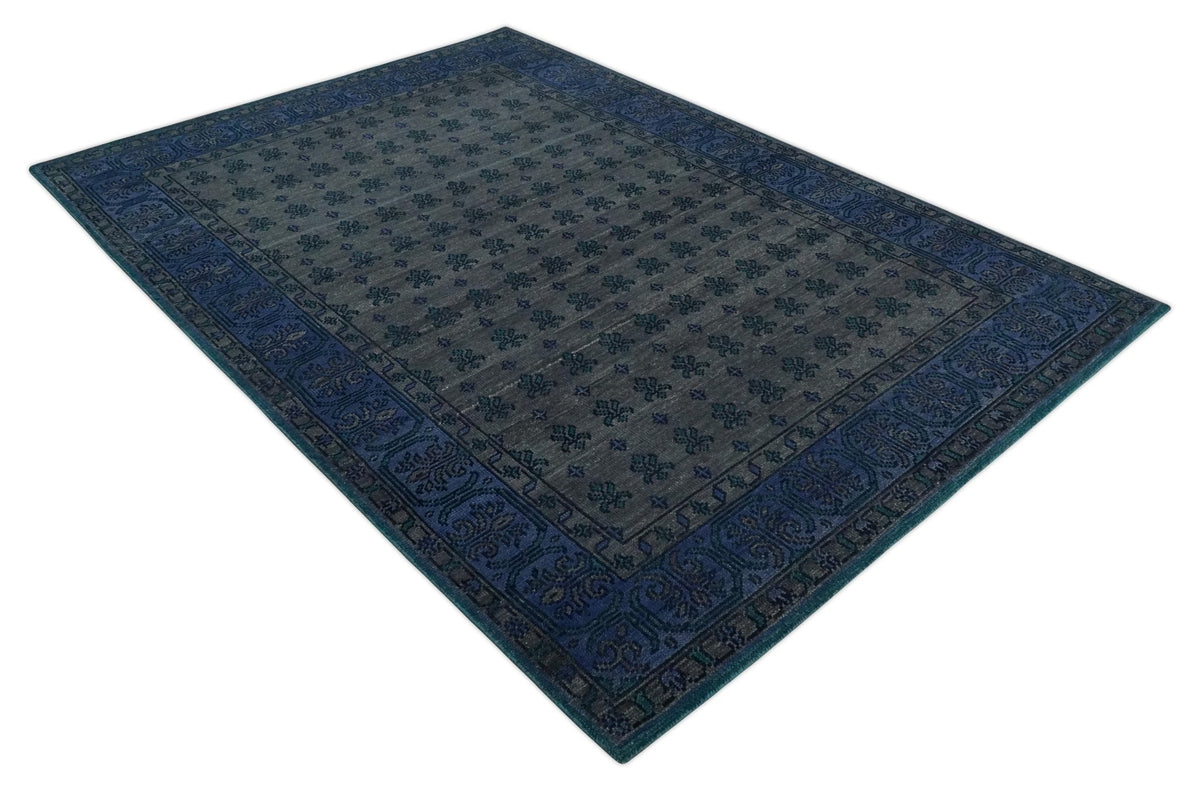Gray and Blue Traditional Hand Knotted Antique Style low Pile Custom Made Wool Area Rug.