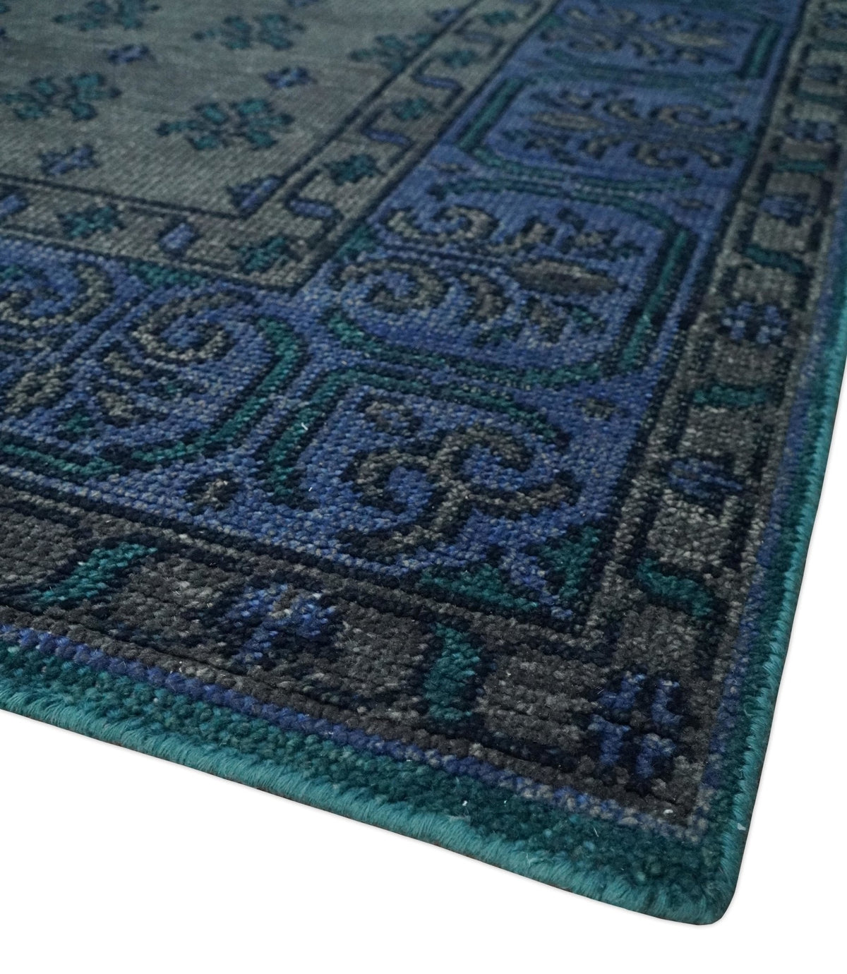 Gray and Blue Traditional Hand Knotted Antique Style low Pile Custom Made Wool Area Rug.