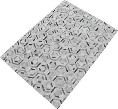 Modern Handmade Ivory and Silver Genuine Leather Area Rug.