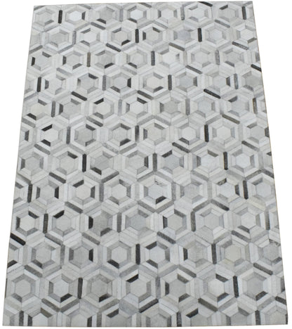 Modern Handmade Ivory and Silver Genuine Leather Area Rug.
