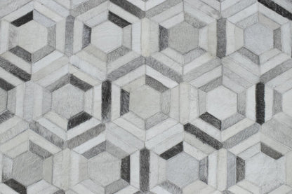Modern Handmade Ivory and Silver Genuine Leather Area Rug.