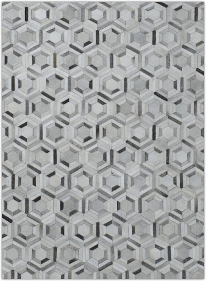 Modern Handmade Ivory and Silver Genuine Leather Area Rug.