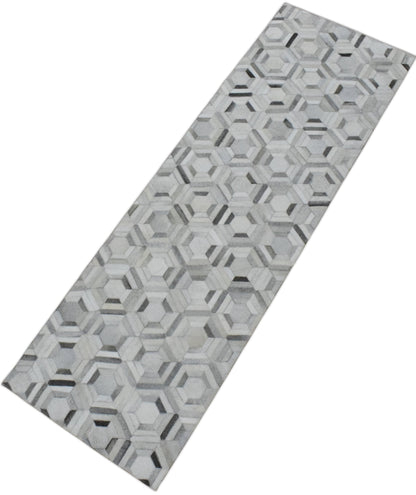 Modern Handmade Ivory and Silver Genuine Leather Area Rug.