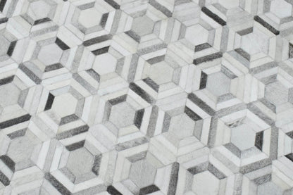 Modern Handmade Ivory and Silver Genuine Leather Area Rug.