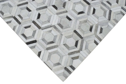 Modern Handmade Ivory and Silver Genuine Leather Area Rug.
