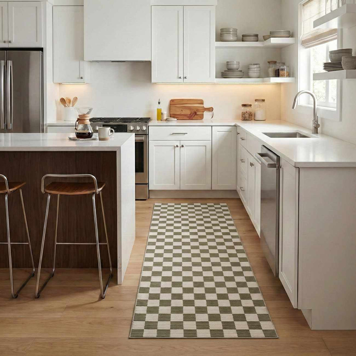 Kaysar Olive Green Checkered Washable Area Rug