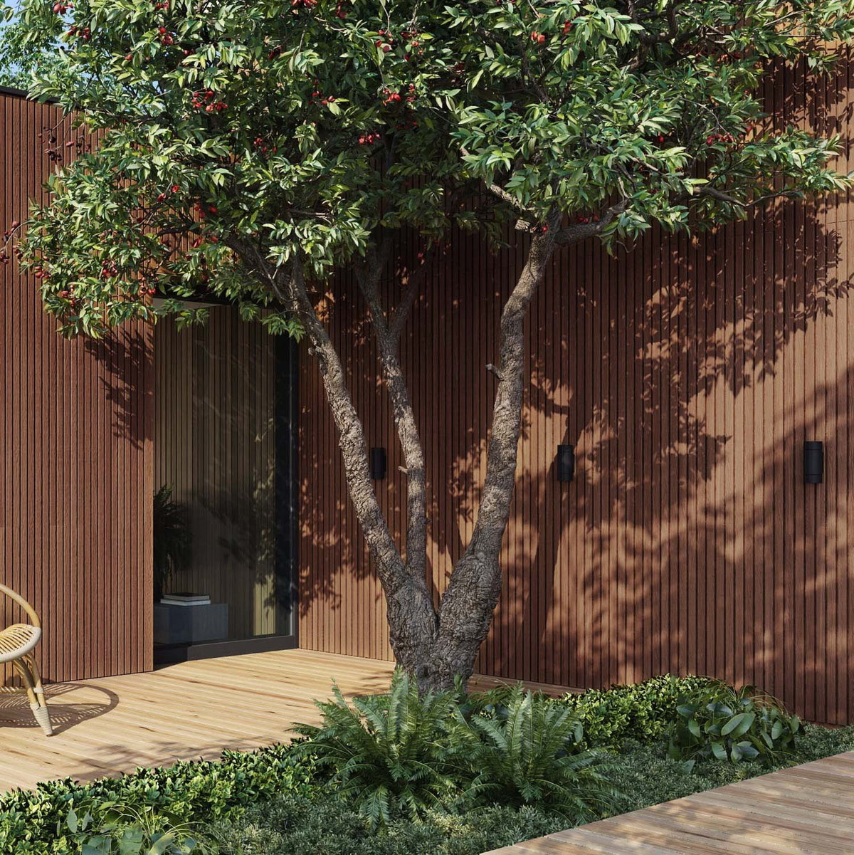 Exterior Wood-Look Composite Slat Panels.