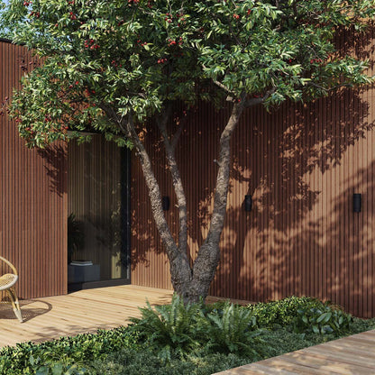 Exterior Wood-Look Composite Slat Panels.