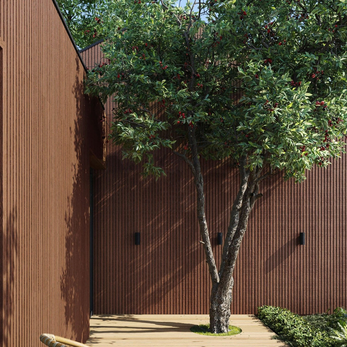 Exterior Wood-Look Composite Slat Panels.