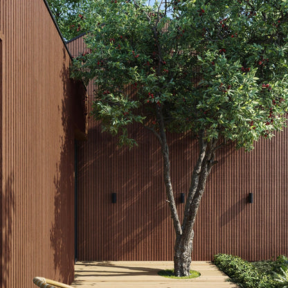 Exterior Wood-Look Composite Slat Panels.