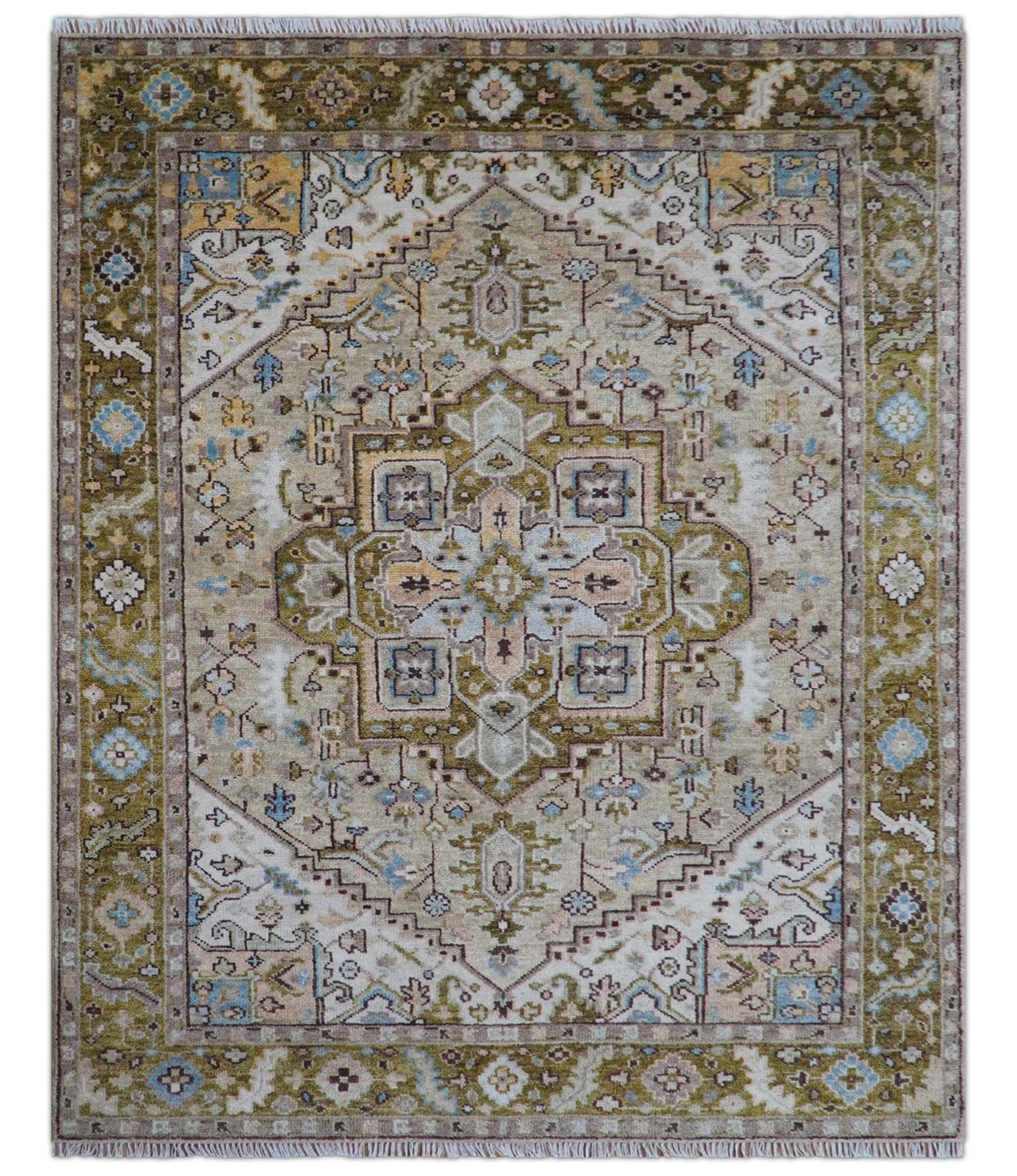 Olive And Peach Traditional Design Hand Knotted Wool Rug.