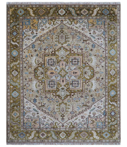 Olive And Peach Traditional Design Hand Knotted Wool Rug.