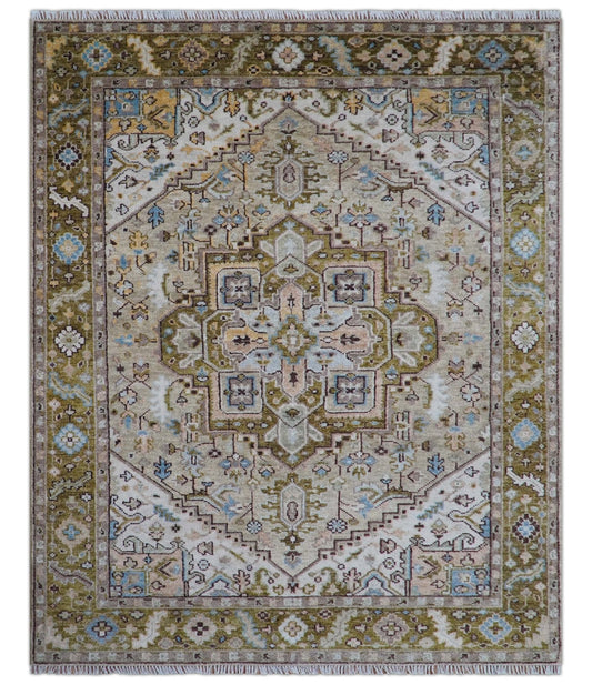 Olive And Peach Traditional Design Hand Knotted Wool Rug.