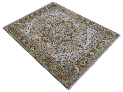 Olive And Peach Traditional Design Hand Knotted Wool Rug.