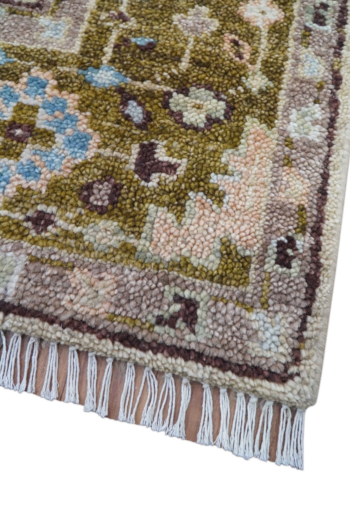 Olive And Peach Traditional Design Hand Knotted Wool Rug.