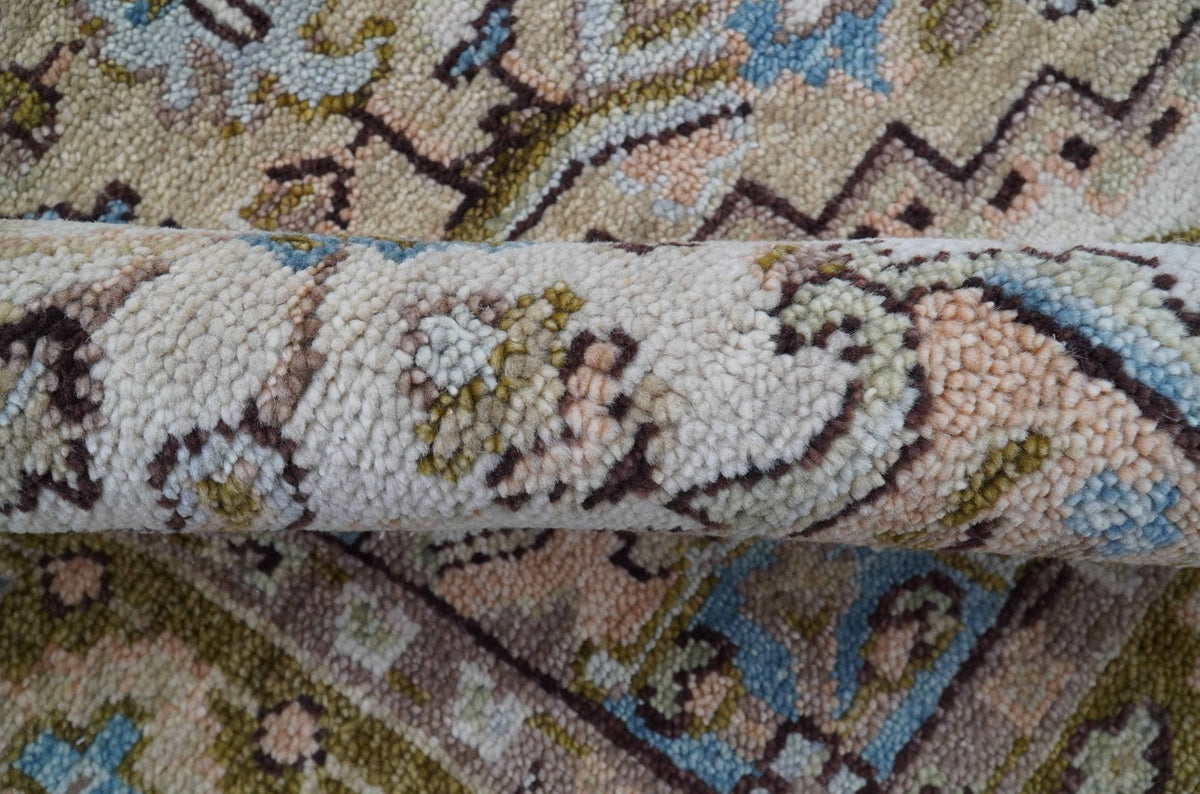 Olive And Peach Traditional Design Hand Knotted Wool Rug.
