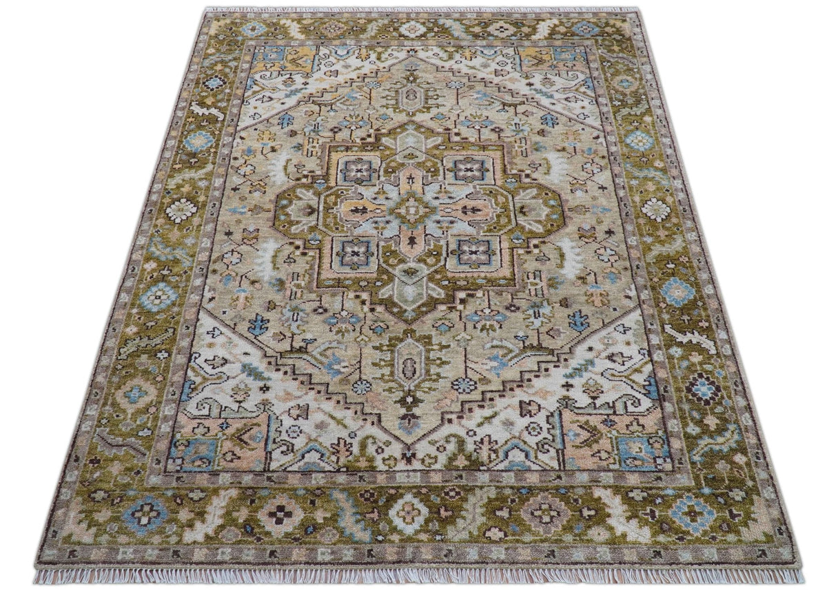 Olive And Peach Traditional Design Hand Knotted Wool Rug.