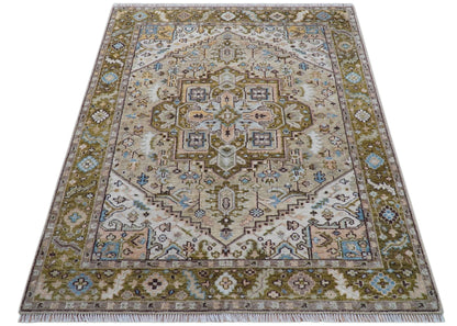 Olive And Peach Traditional Design Hand Knotted Wool Rug.