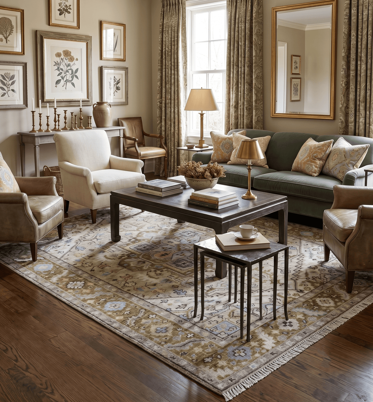Olive And Peach Traditional Design Hand Knotted Wool Rug.