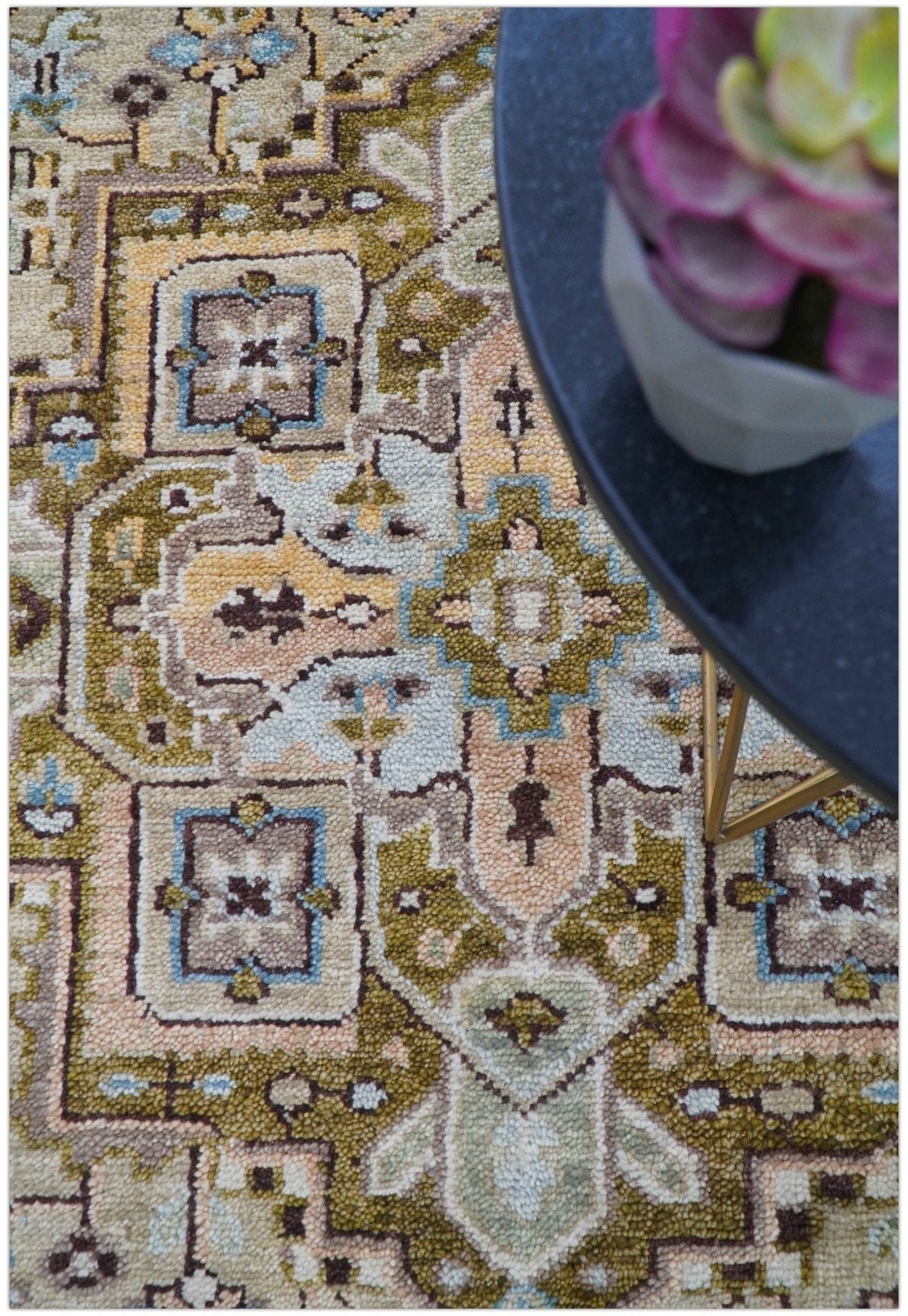 Olive And Peach Traditional Design Hand Knotted Wool Rug.