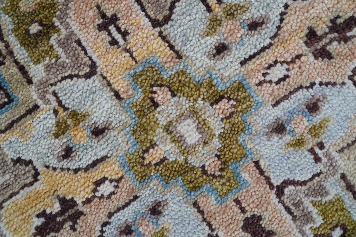 Olive And Peach Traditional Design Hand Knotted Wool Rug.