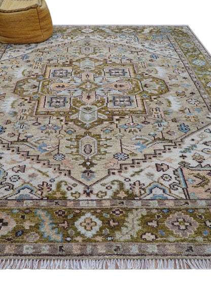 Olive And Peach Traditional Design Hand Knotted Wool Rug.