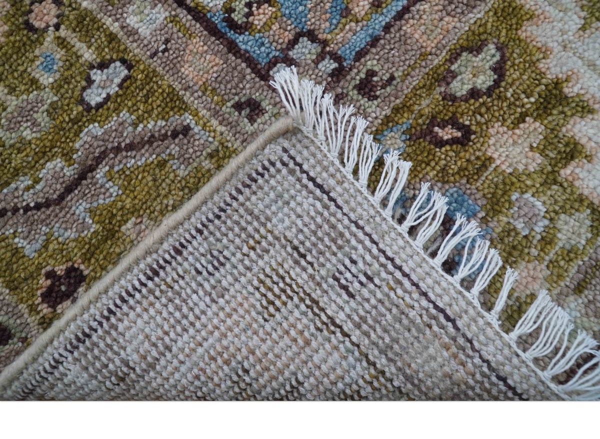 Olive And Peach Traditional Design Hand Knotted Wool Rug.
