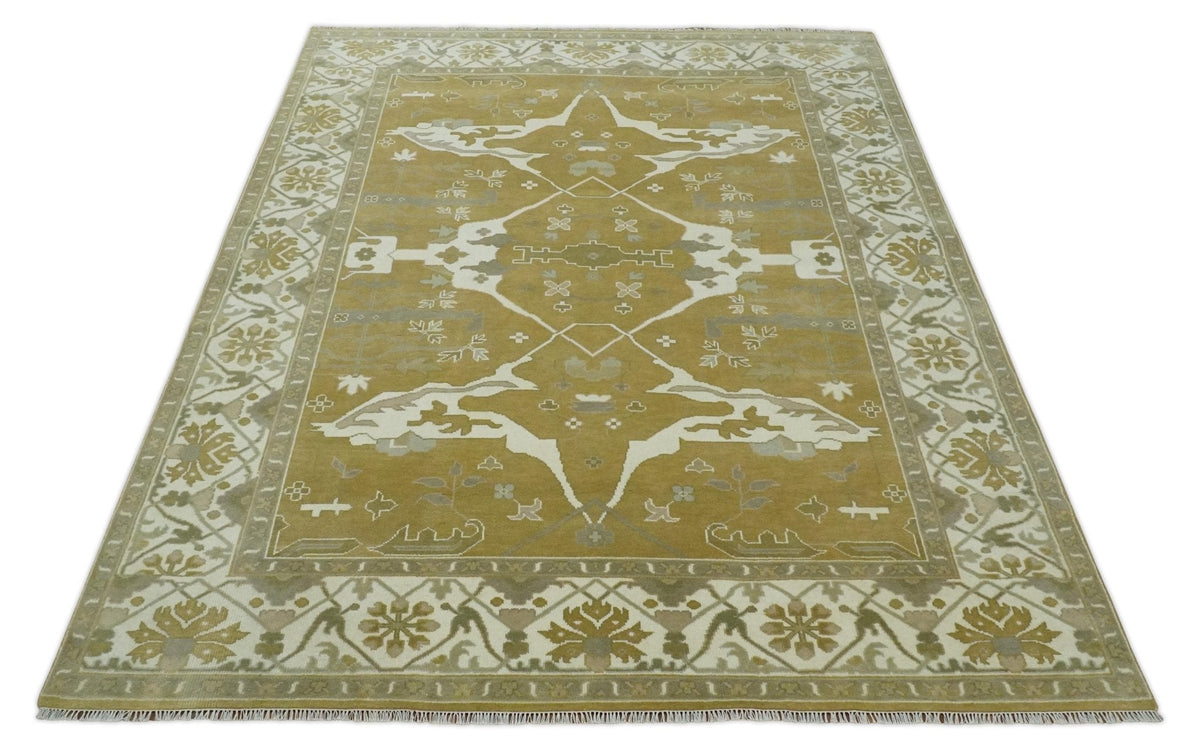 Olive, Ivory and Gray Hand knotted Oushak Custom Made Wool Rug.