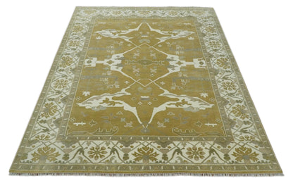 Olive, Ivory and Gray Hand knotted Oushak Custom Made Wool Rug.