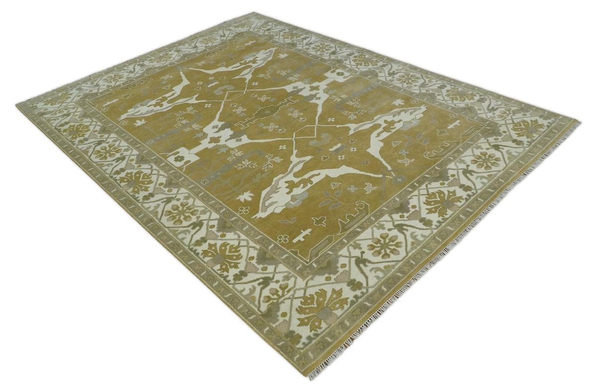 Olive, Ivory and Gray Hand knotted Oushak Custom Made Wool Rug.