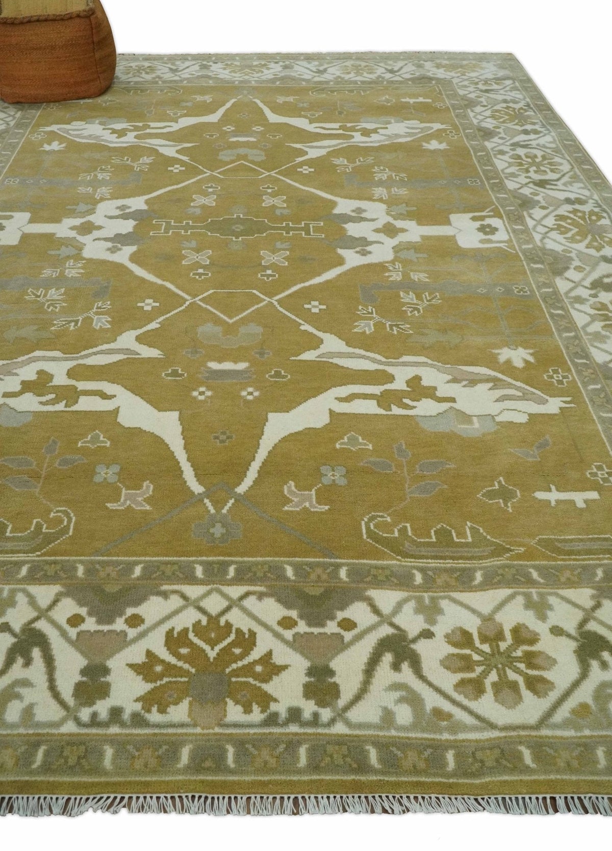 Olive, Ivory and Gray Hand knotted Oushak Custom Made Wool Rug.