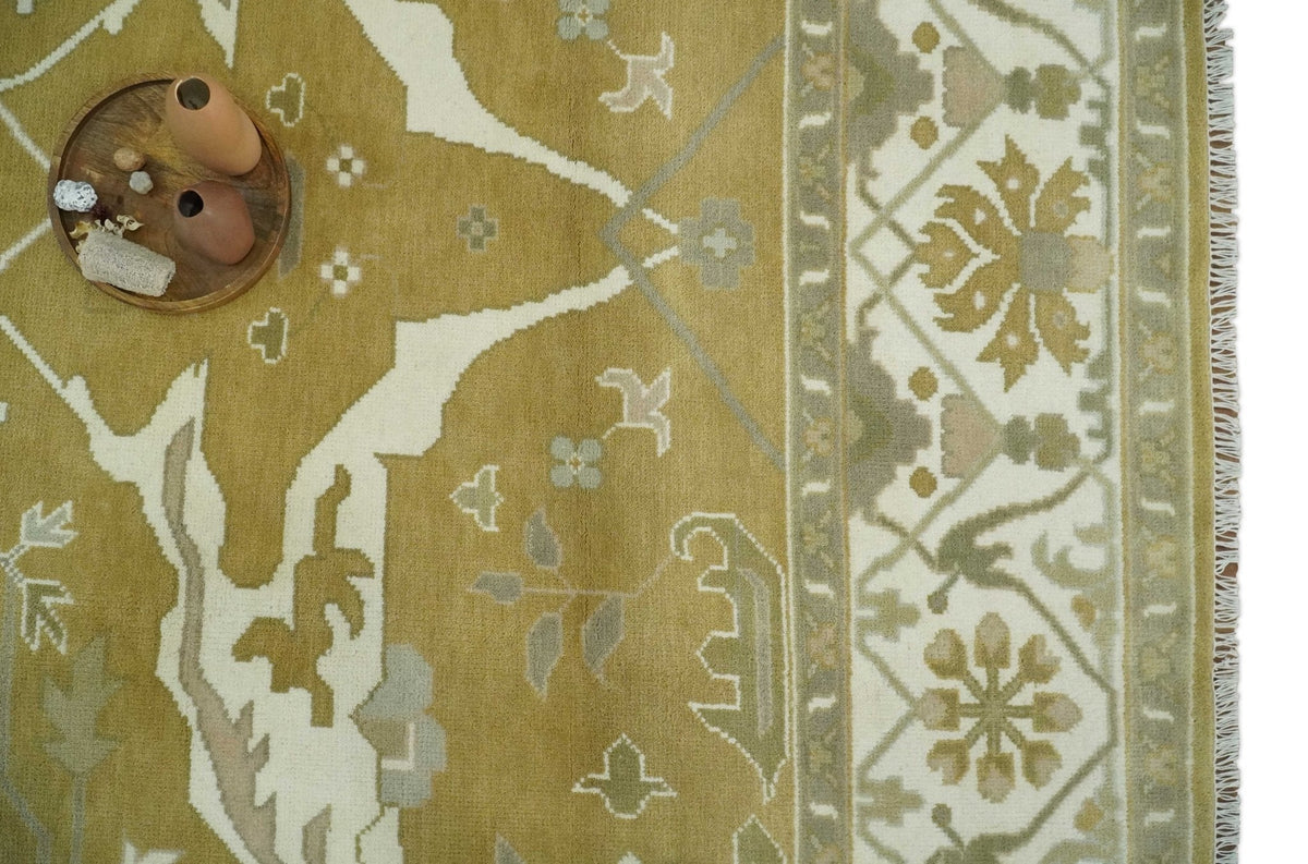 Olive, Ivory and Gray Hand knotted Oushak Custom Made Wool Rug.
