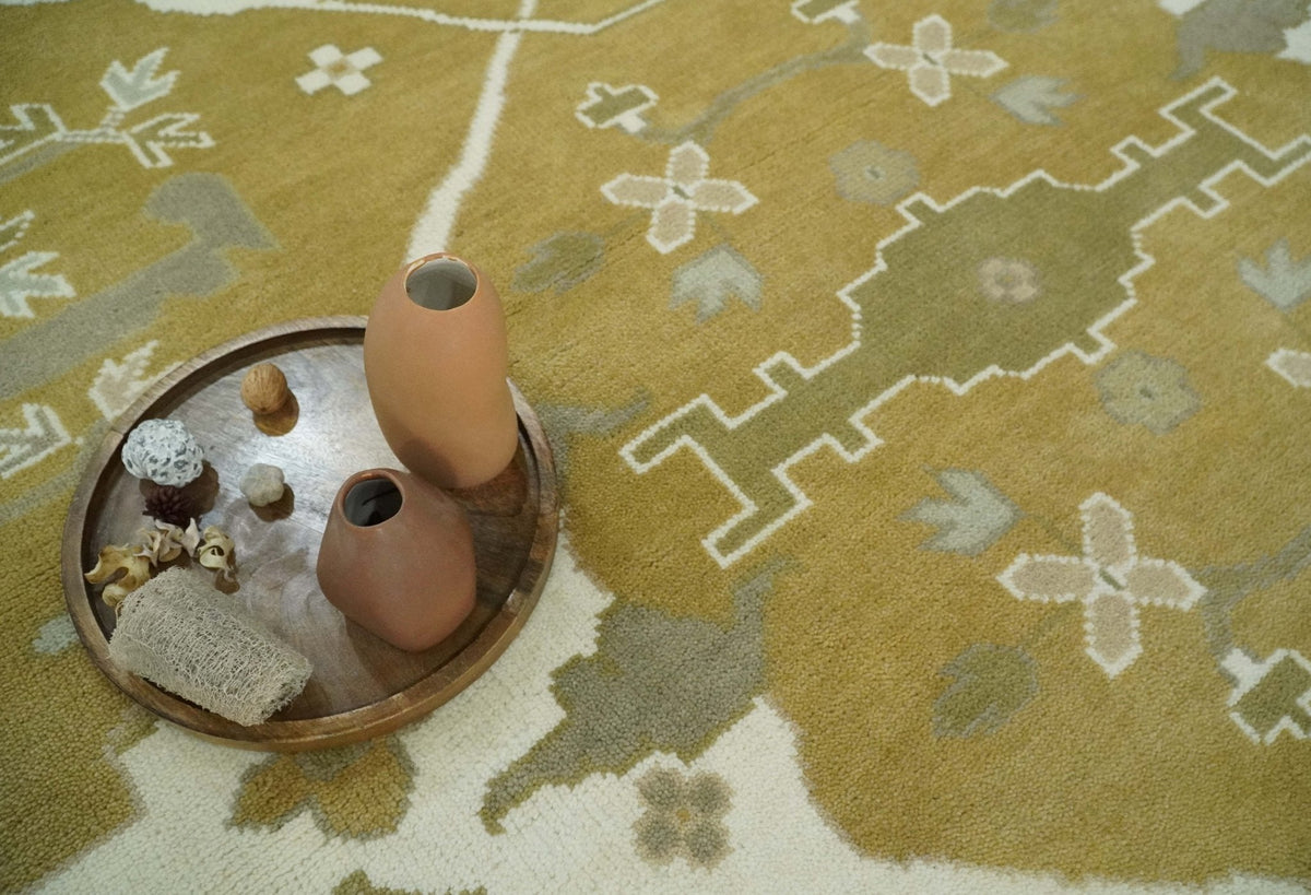 Olive, Ivory and Gray Hand knotted Oushak Custom Made Wool Rug.