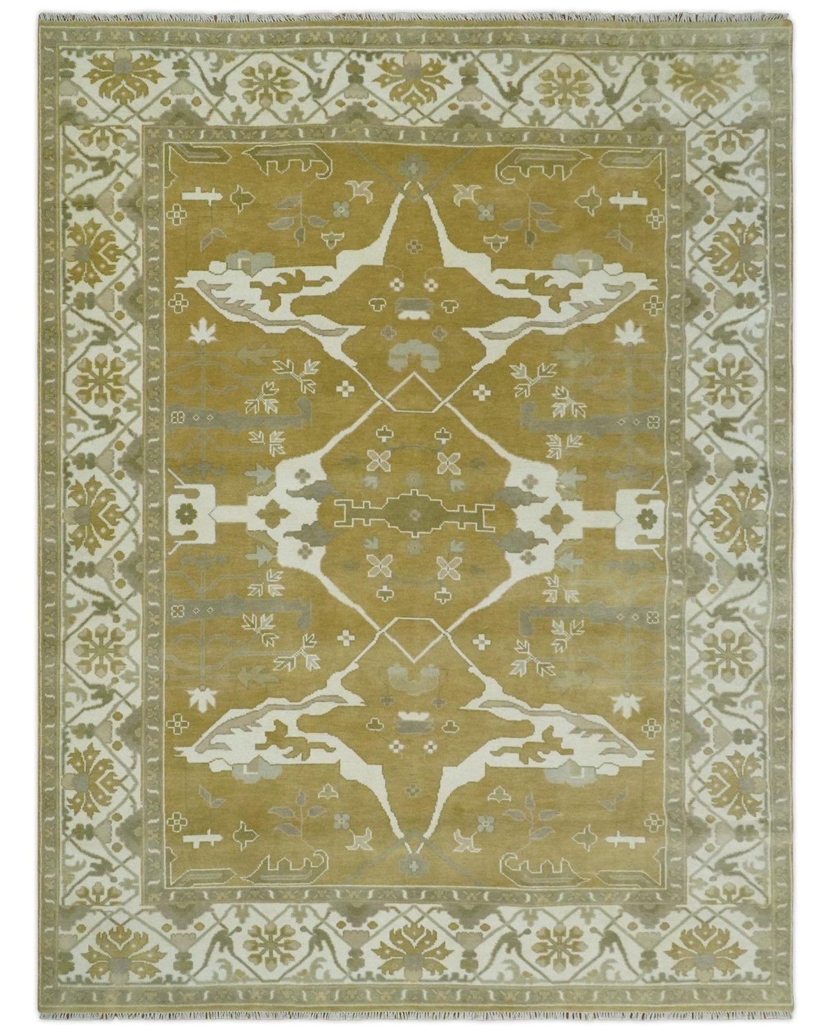 Olive, Ivory and Gray Hand knotted Oushak Custom Made Wool Rug.