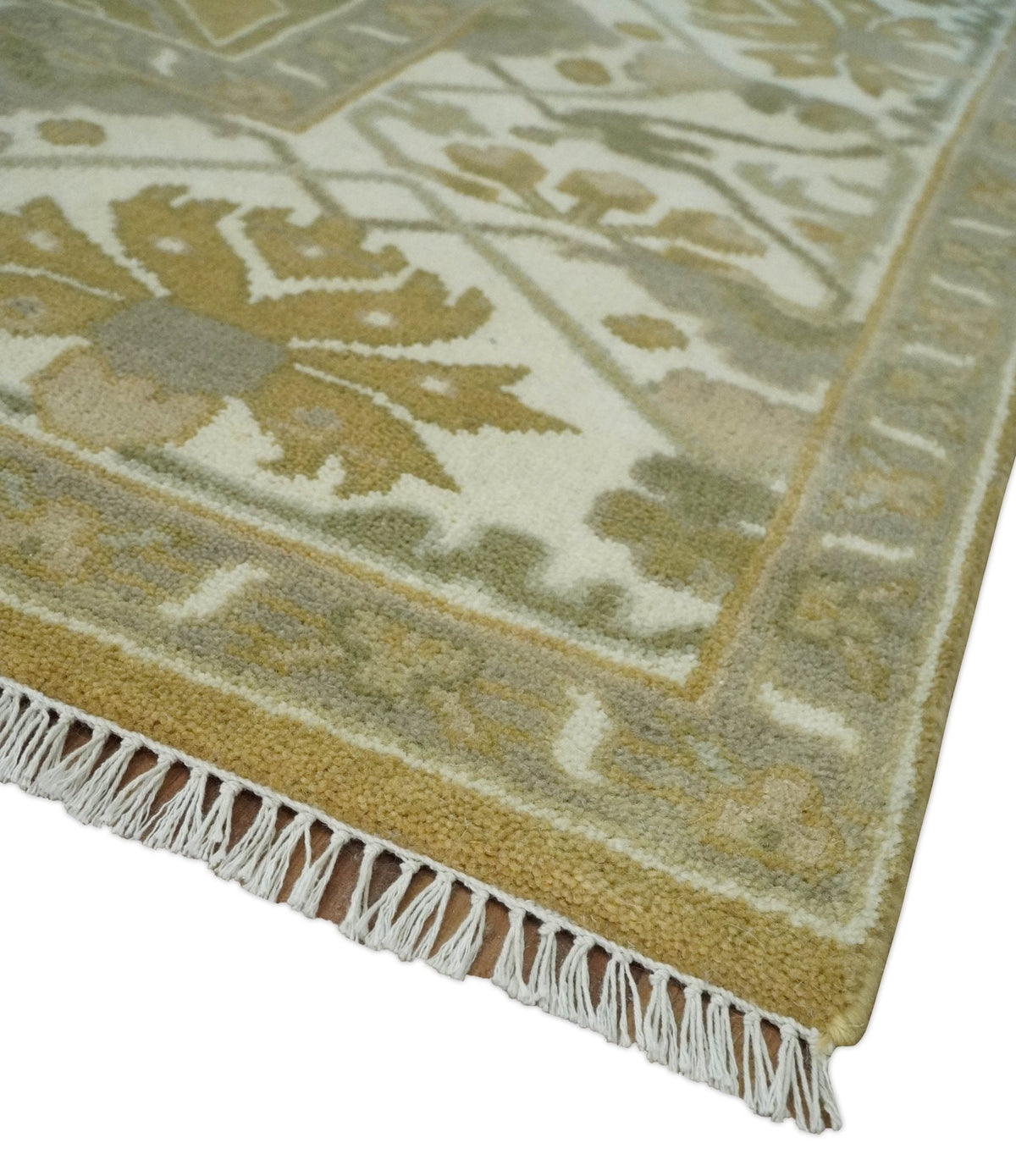 Olive, Ivory and Gray Hand knotted Oushak Custom Made Wool Rug.