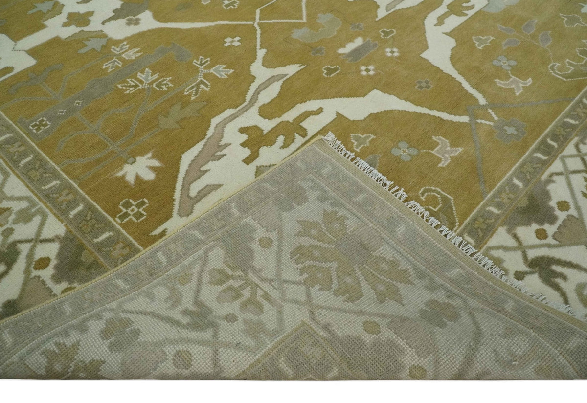 Olive, Ivory and Gray Hand knotted Oushak Custom Made Wool Rug.
