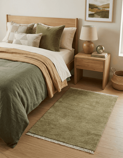 Olive Modern Solid Design Hand Knotted Wool Rug.