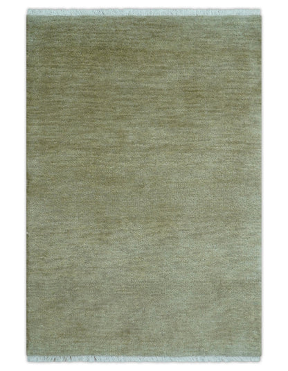 Olive Modern Solid Design Hand Knotted Wool Rug.