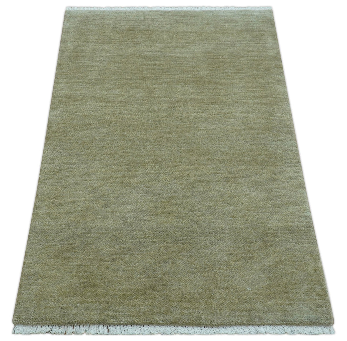 Olive Modern Solid Design Hand Knotted Wool Rug.