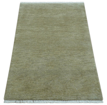 Olive Modern Solid Design Hand Knotted Wool Rug.