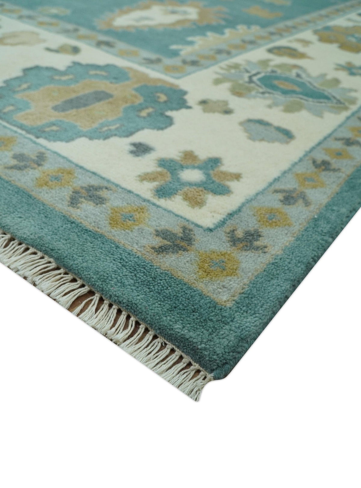 Ollie Custom Made Teal, Ivory and Olive Hand Knotted Oushak Wool Rug.