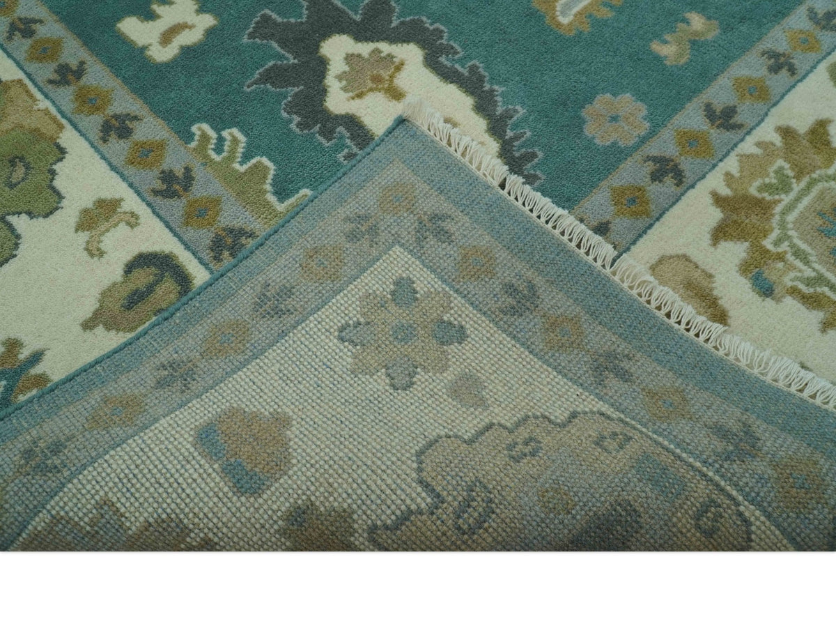 Ollie Custom Made Teal, Ivory and Olive Hand Knotted Oushak Wool Rug.