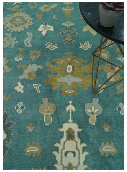 Ollie Custom Made Teal, Ivory and Olive Hand Knotted Oushak Wool Rug.