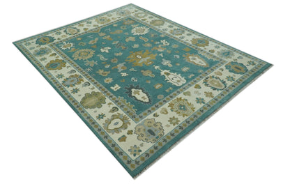 Ollie Custom Made Teal, Ivory and Olive Hand Knotted Oushak Wool Rug.