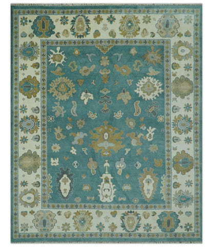 Ollie Custom Made Teal, Ivory and Olive Hand Knotted Oushak Wool Rug.