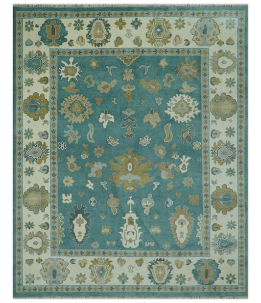 Ollie Custom Made Teal, Ivory and Olive Hand Knotted Oushak Wool Rug.